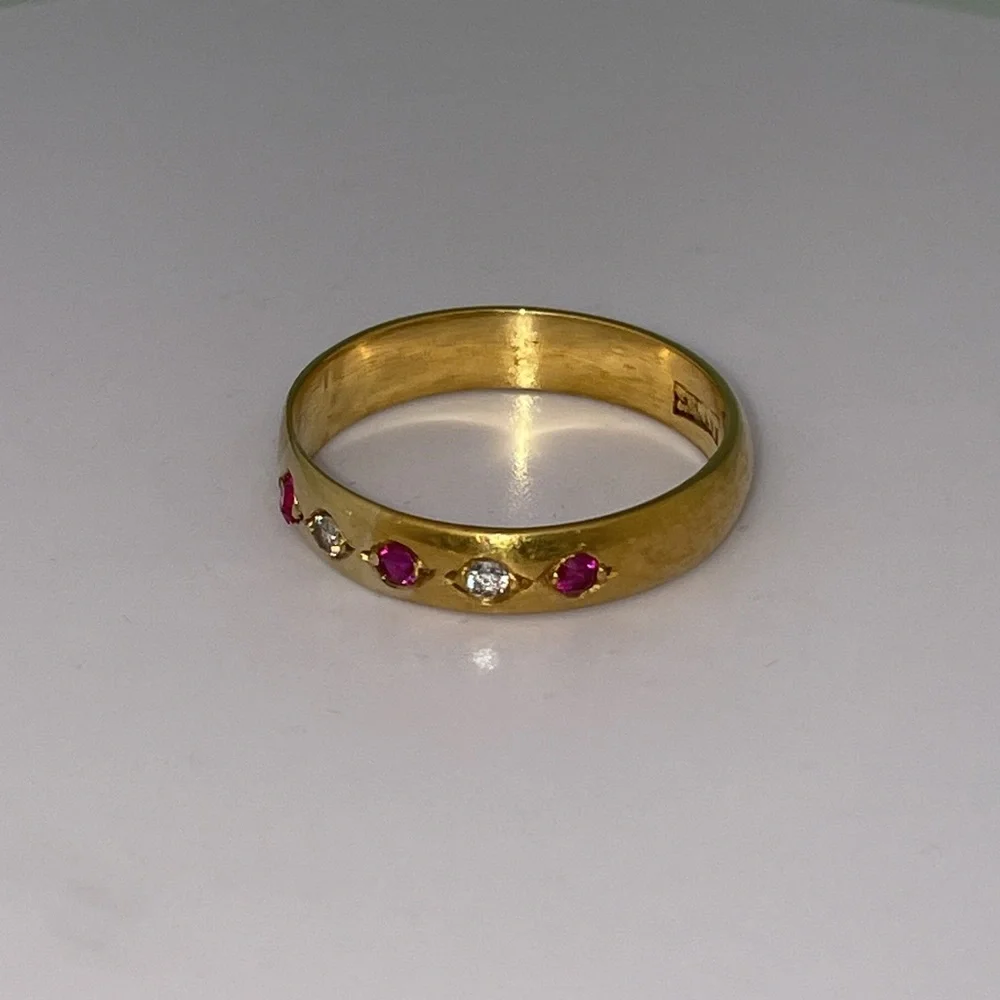 Antique ERNST Solid 14K Yellow Gold Synthetic Ruby Faux Diamond Unisex Band Ring